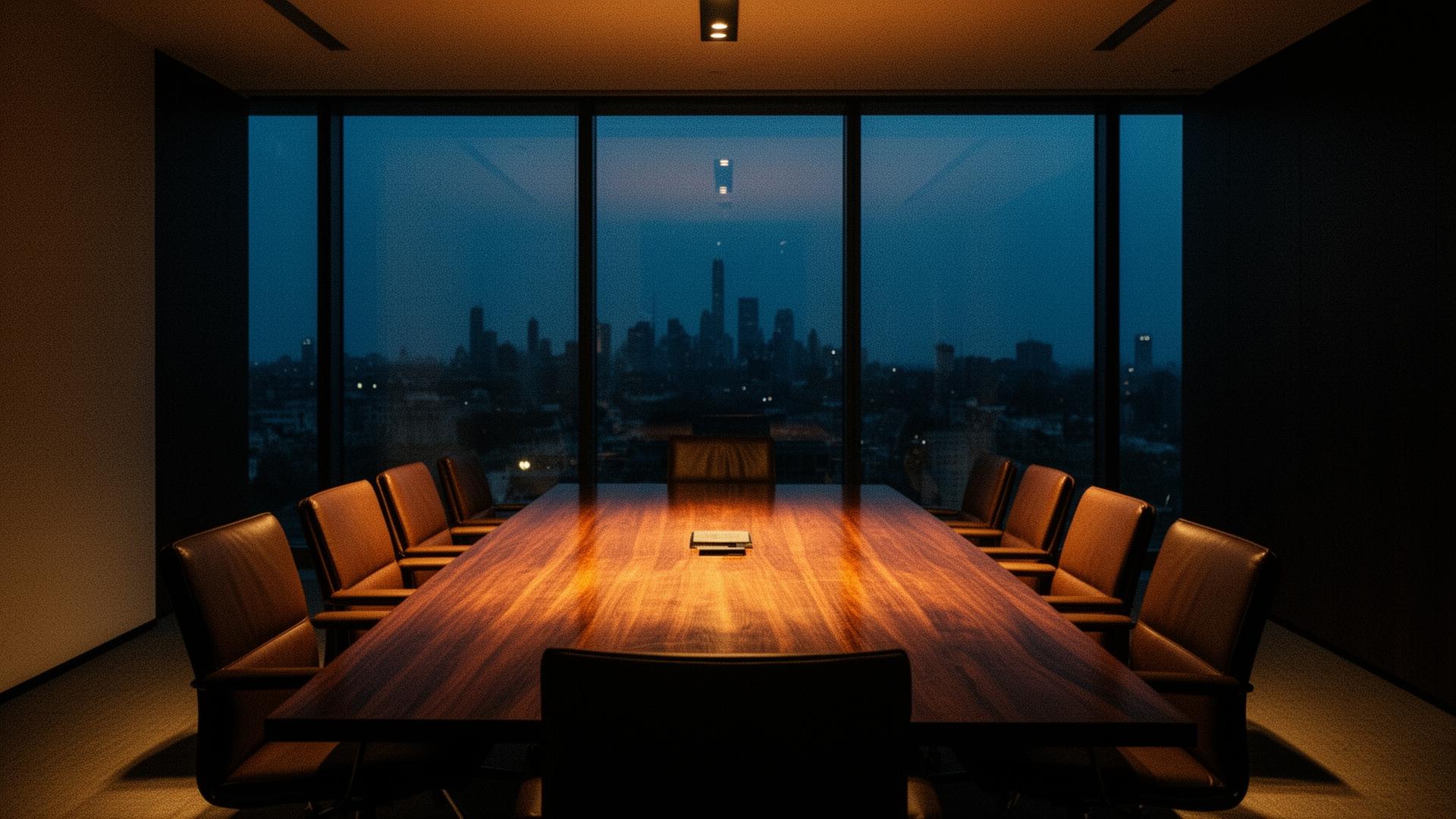 Boardroom at dusk overlooking a city skyline